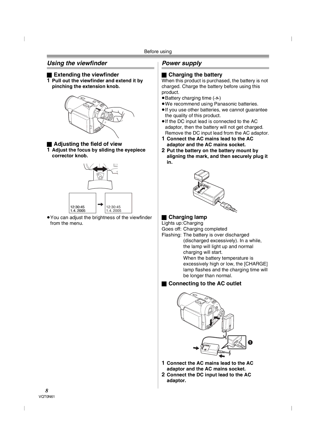 Panasonic NV-GS75GN operating instructions Using the viewfinder, Power supply 