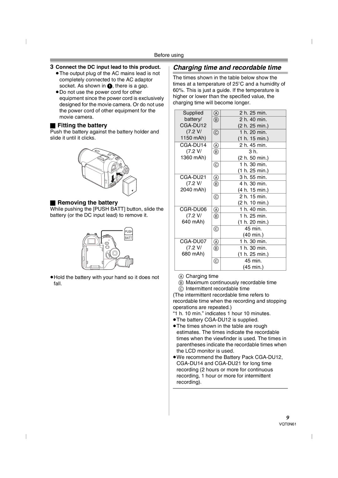 Panasonic NV-GS75GN operating instructions Charging time and recordable time, Fitting the battery, Removing the battery 