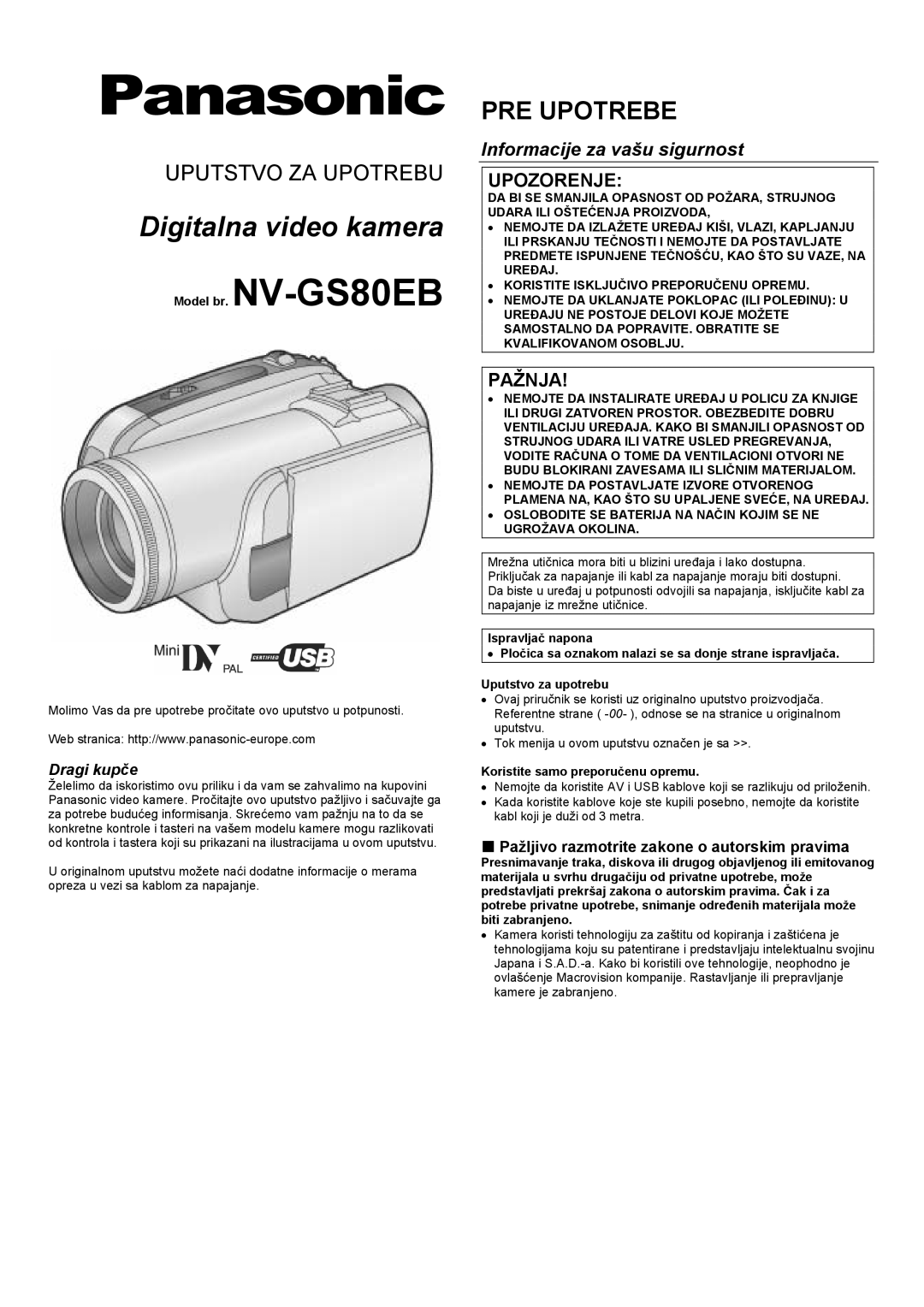 Panasonic NV-GS80EB manual Informacije za vašu sigurnost, Pažljivo razmotrite zakone o autorskim pravima 