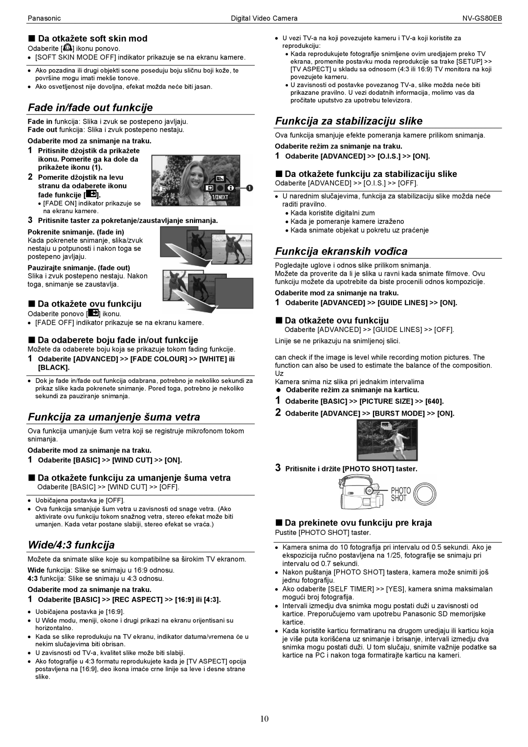 Panasonic NV-GS80EB manual Fade in/fade out funkcije, Funkcija za umanjenje šuma vetra, Wide/43 funkcija 