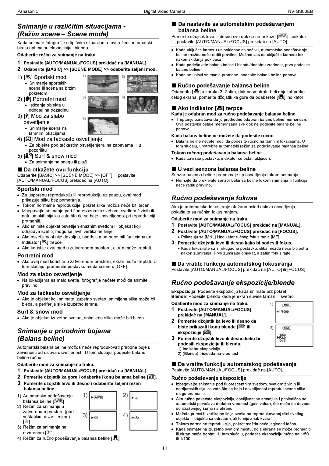 Panasonic NV-GS80EB Snimanje u različitim situacijama Režim scene Scene mode, Snimanje u prirodnim bojama Balans beline 