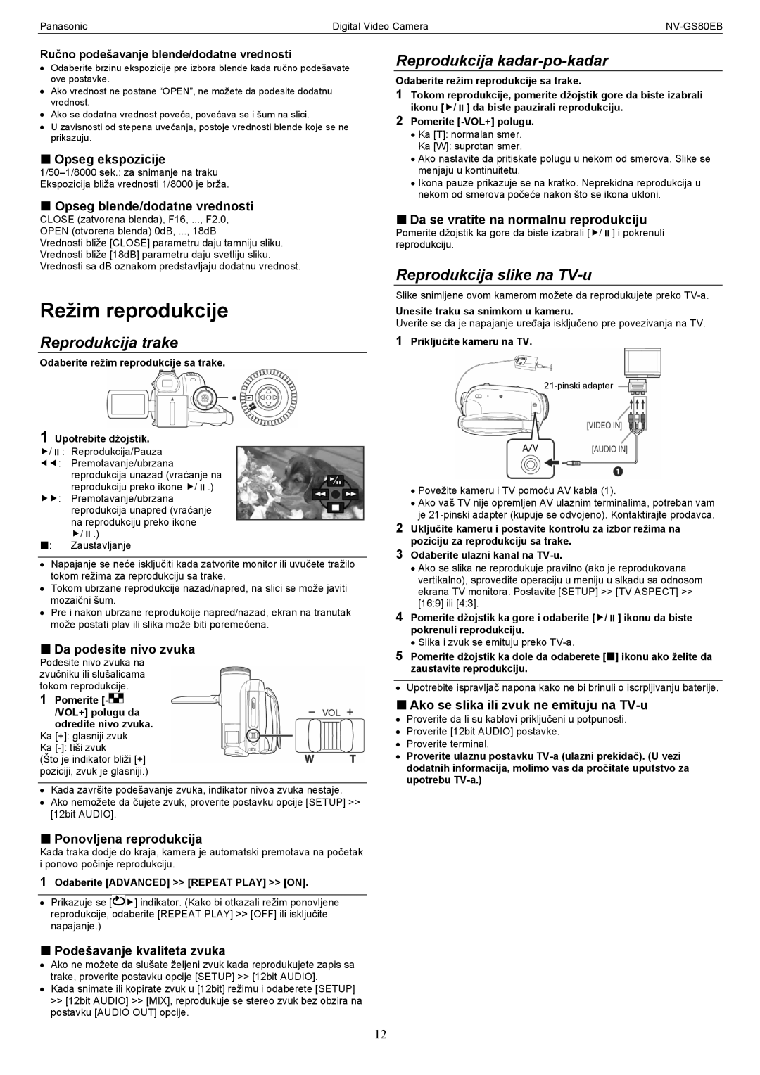 Panasonic NV-GS80EB manual Režim reprodukcije, Reprodukcija trake, Reprodukcija kadar-po-kadar, Reprodukcija slike na TV-u 