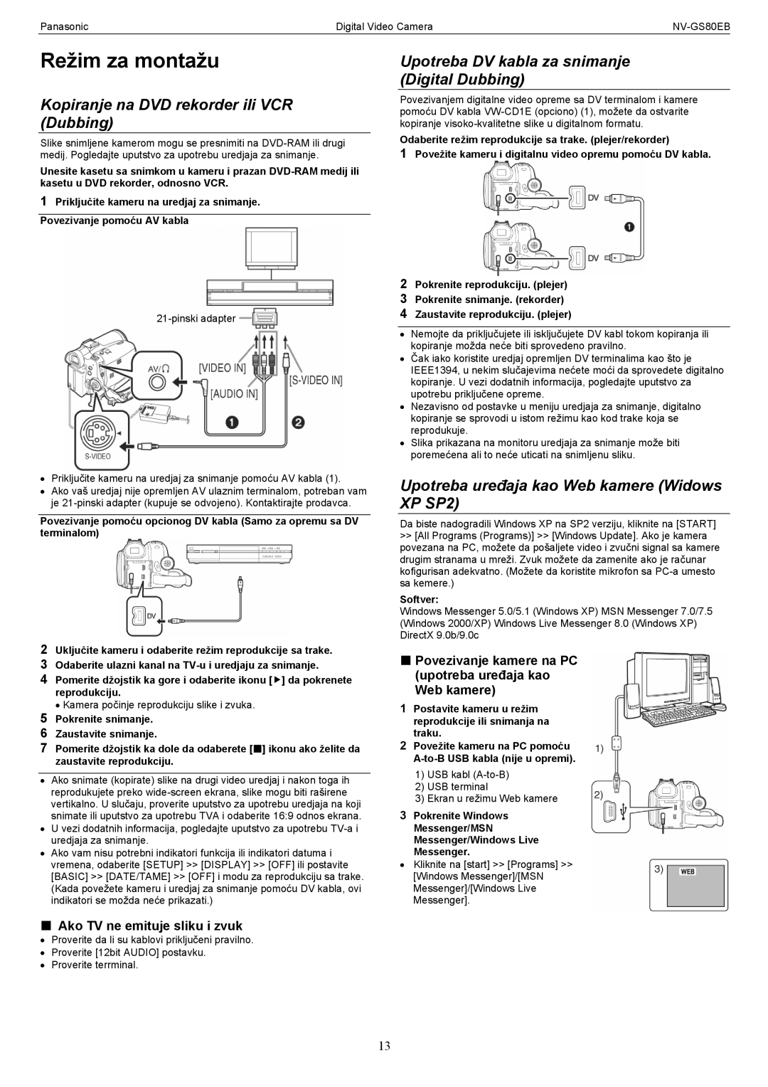 Panasonic NV-GS80EB manual Režim za montažu, Kopiranje na DVD rekorder ili VCR Dubbing 