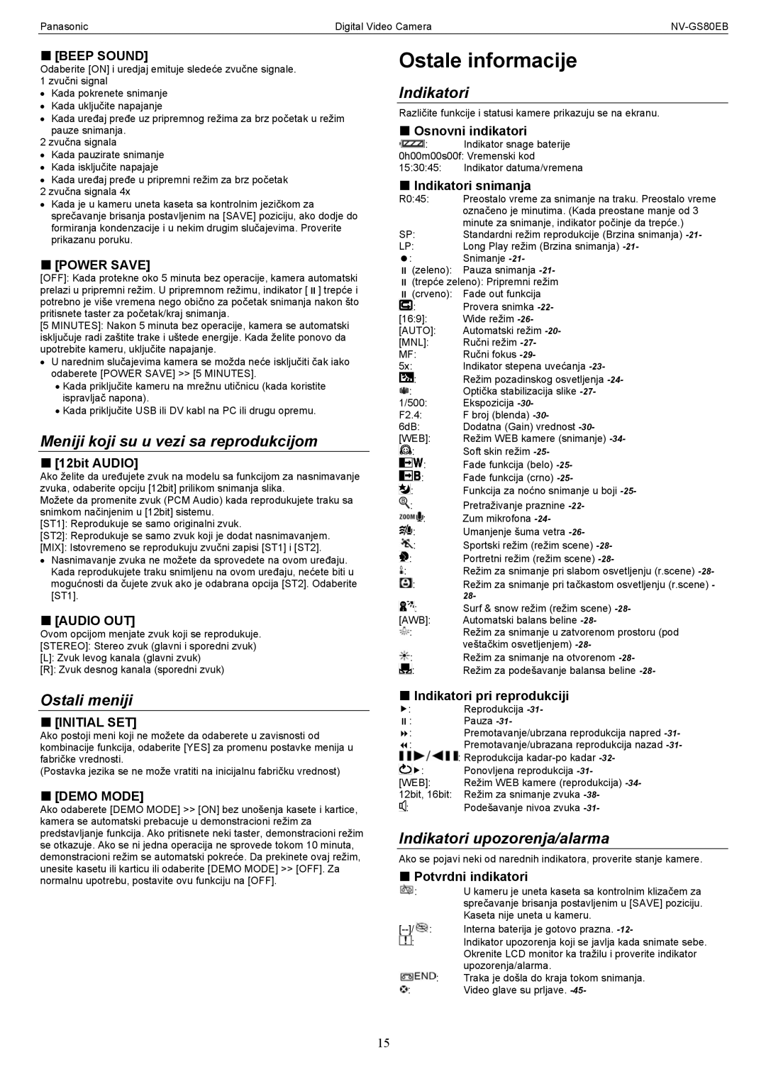 Panasonic NV-GS80EB manual Ostale informacije, Meniji koji su u vezi sa reprodukcijom, Ostali meniji, Indikatori 