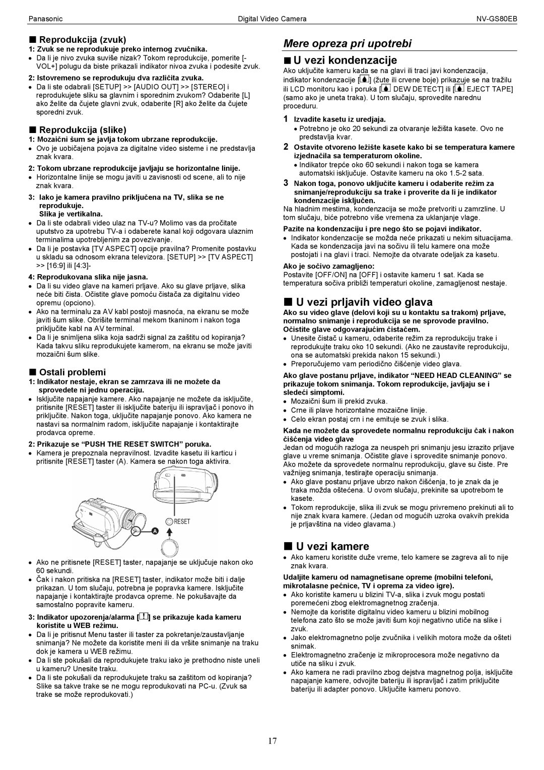 Panasonic NV-GS80EB manual Mere opreza pri upotrebi, Vezi kondenzacije, Vezi prljavih video glava, Vezi kamere 