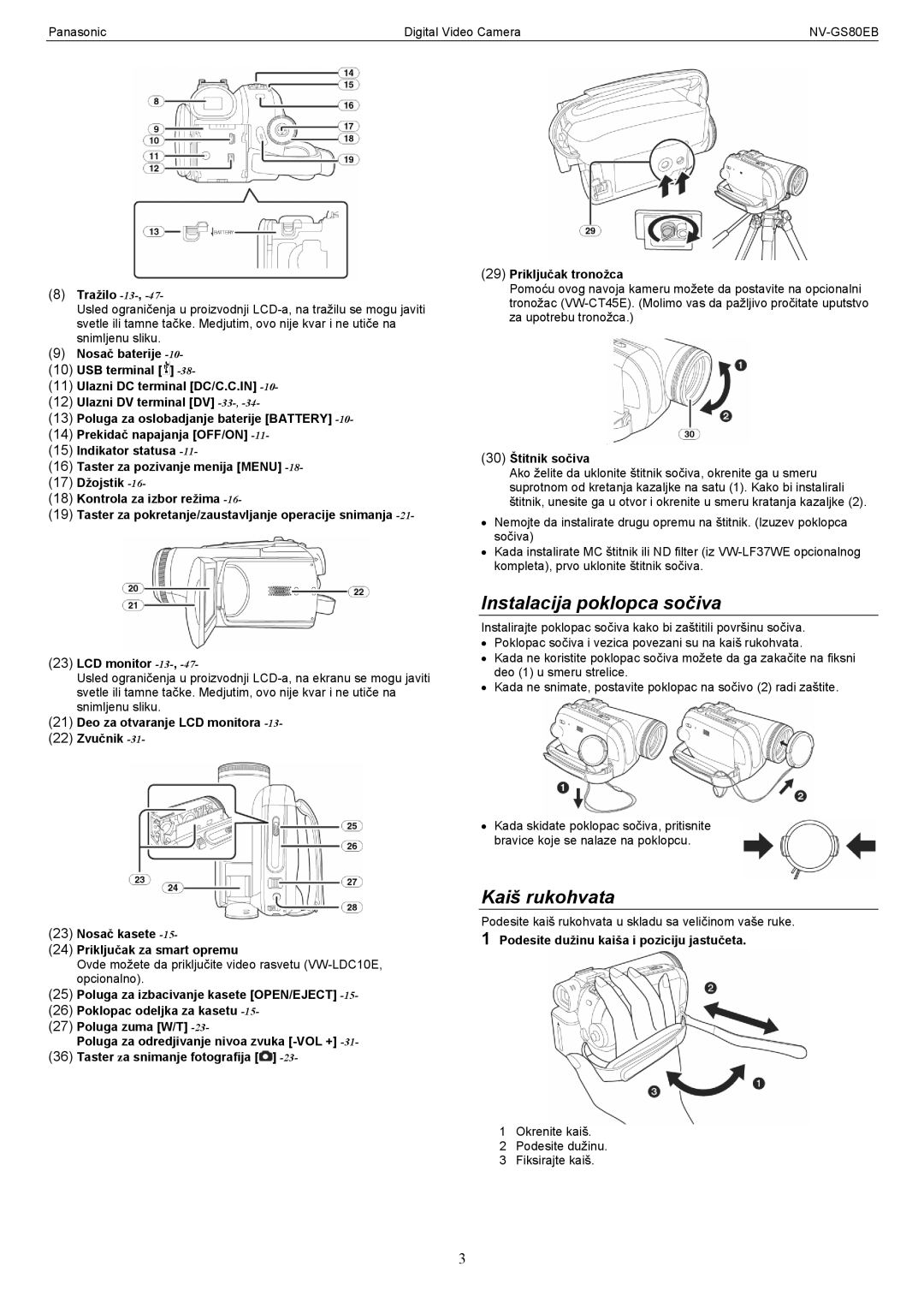 Panasonic NV-GS80EB manual Instalacija poklopca sočiva, Kaiš rukohvata, Tražilo -13, 30 Štitnik sočiva 