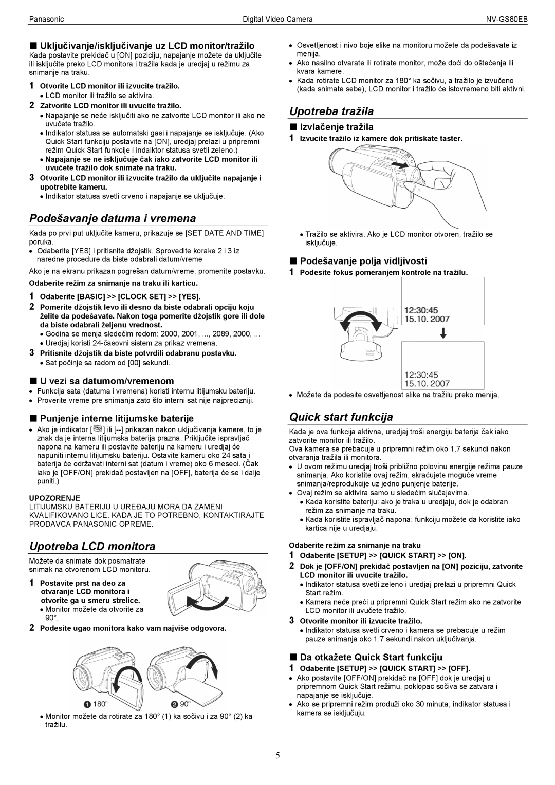 Panasonic NV-GS80EB manual Podešavanje datuma i vremena, Upotreba LCD monitora, Upotreba tražila, Quick start funkcija 