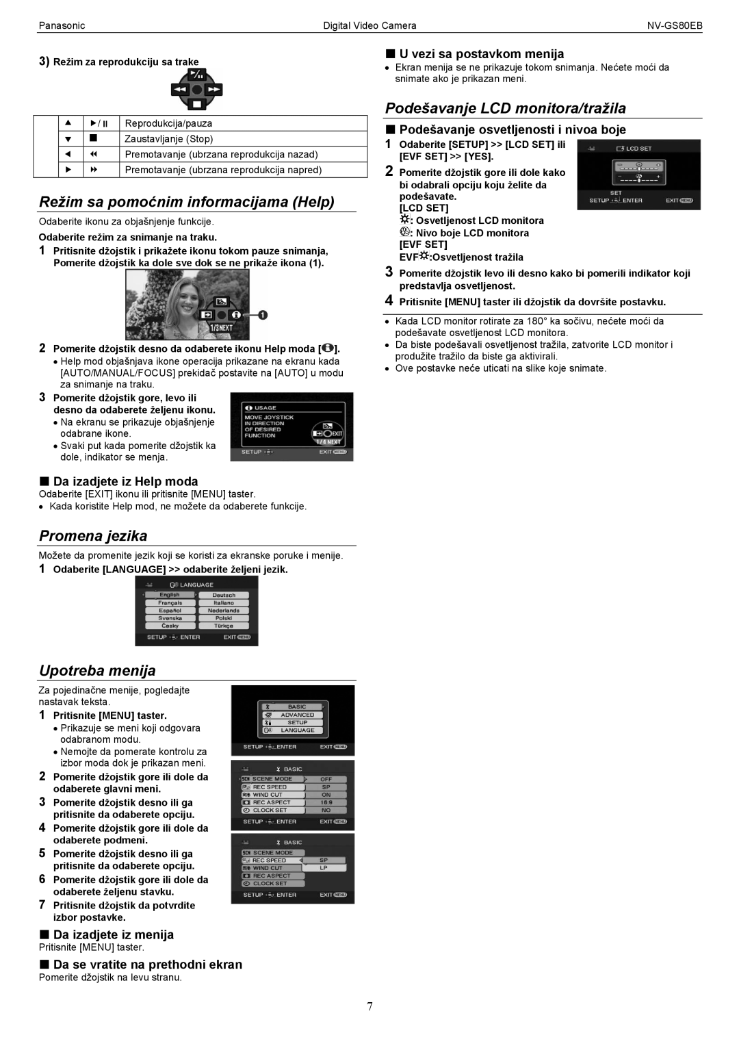 Panasonic NV-GS80EB manual Režim sa pomoćnim informacijama Help, Promena jezika, Upotreba menija 