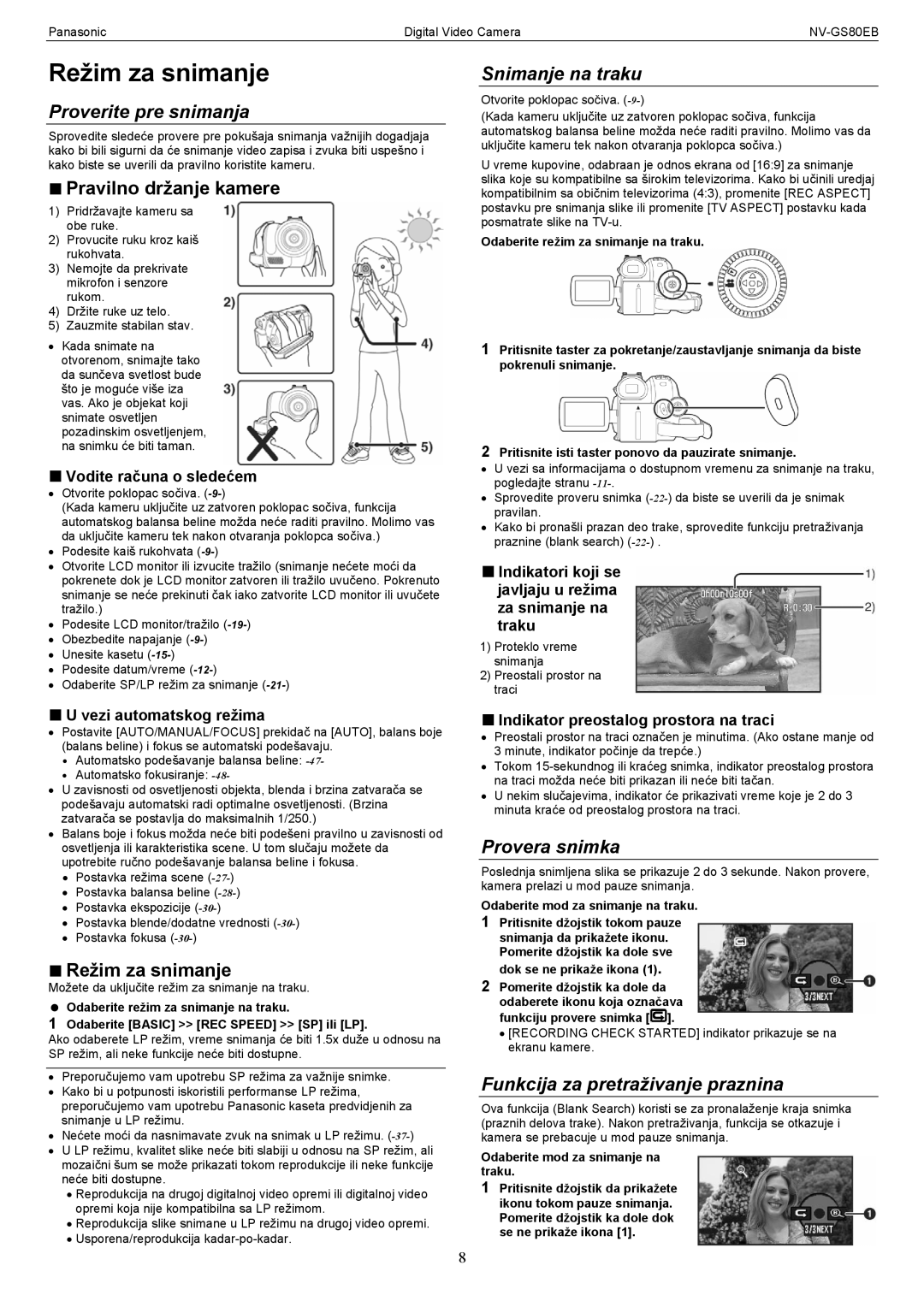 Panasonic NV-GS80EB manual Režim za snimanje, Proverite pre snimanja, Snimanje na traku, Provera snimka 