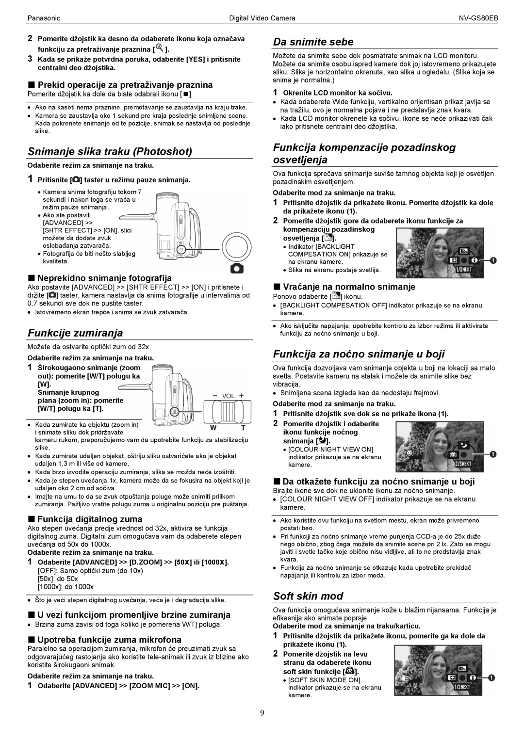 Panasonic NV-GS80EB Snimanje slika traku Photoshot, Funkcije zumiranja, Da snimite sebe, Funkcija za noćno snimanje u boji 