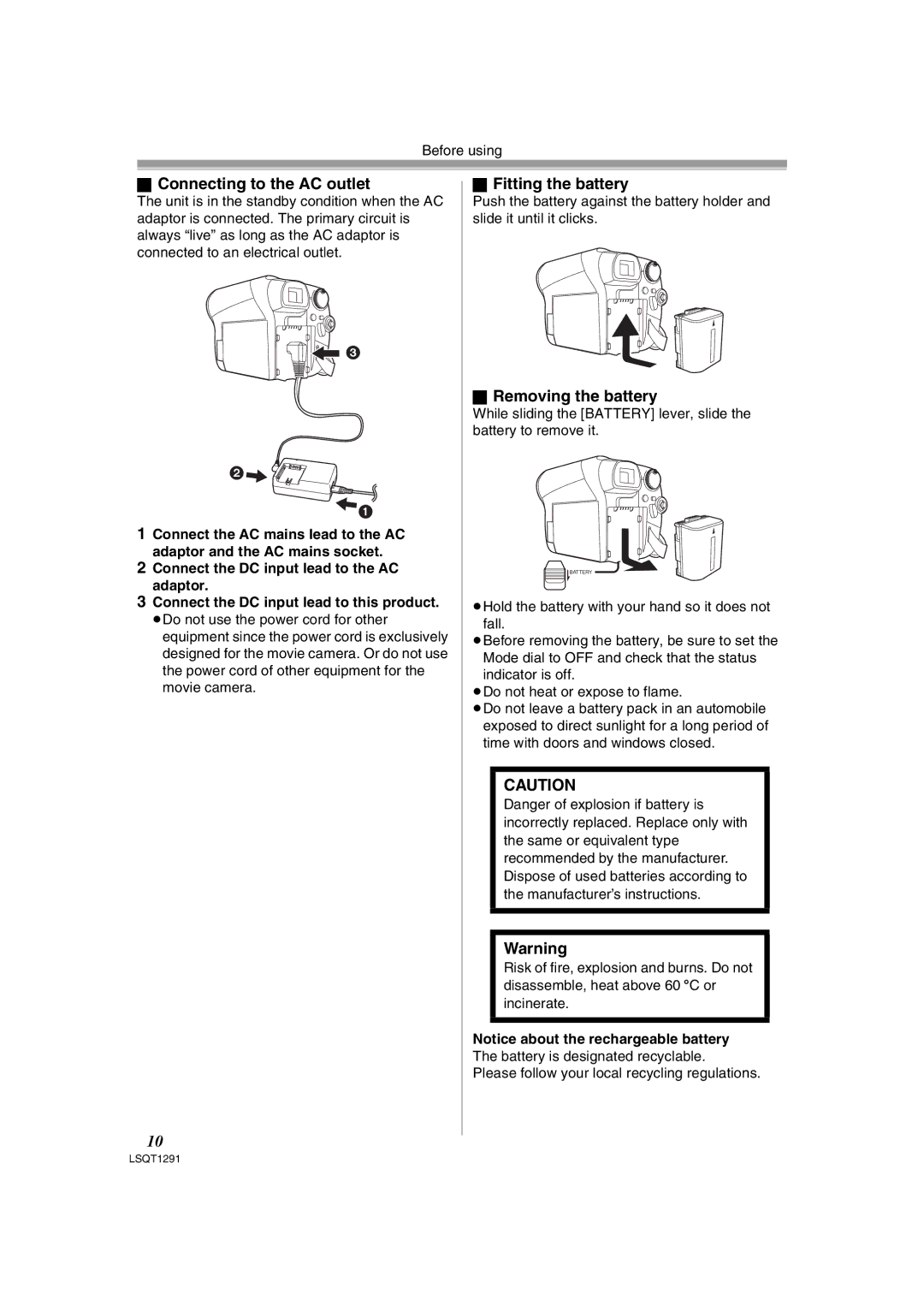 Panasonic NV-GS90 operating instructions Connecting to the AC outlet, Fitting the battery, Removing the battery 