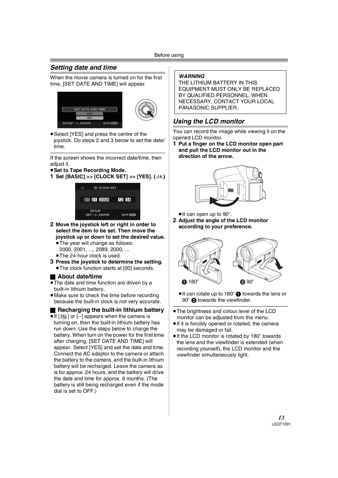 Panasonic NV-GS90 Setting date and time, Using the LCD monitor, About date/time, Recharging the built-in lithium battery 