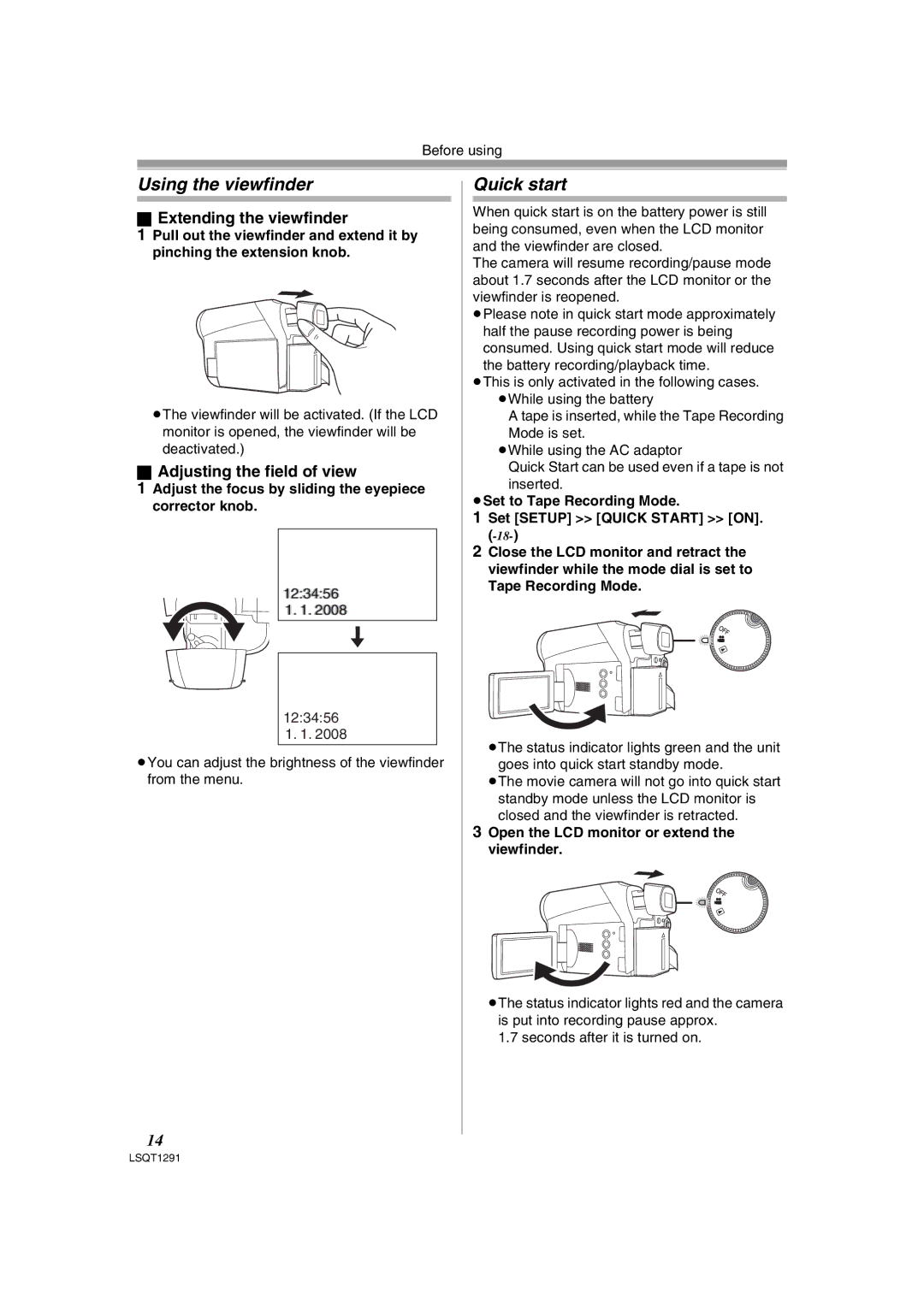 Panasonic NV-GS90 Using the viewfinder, Quick start, Extending the viewfinder, Adjusting the field of view 