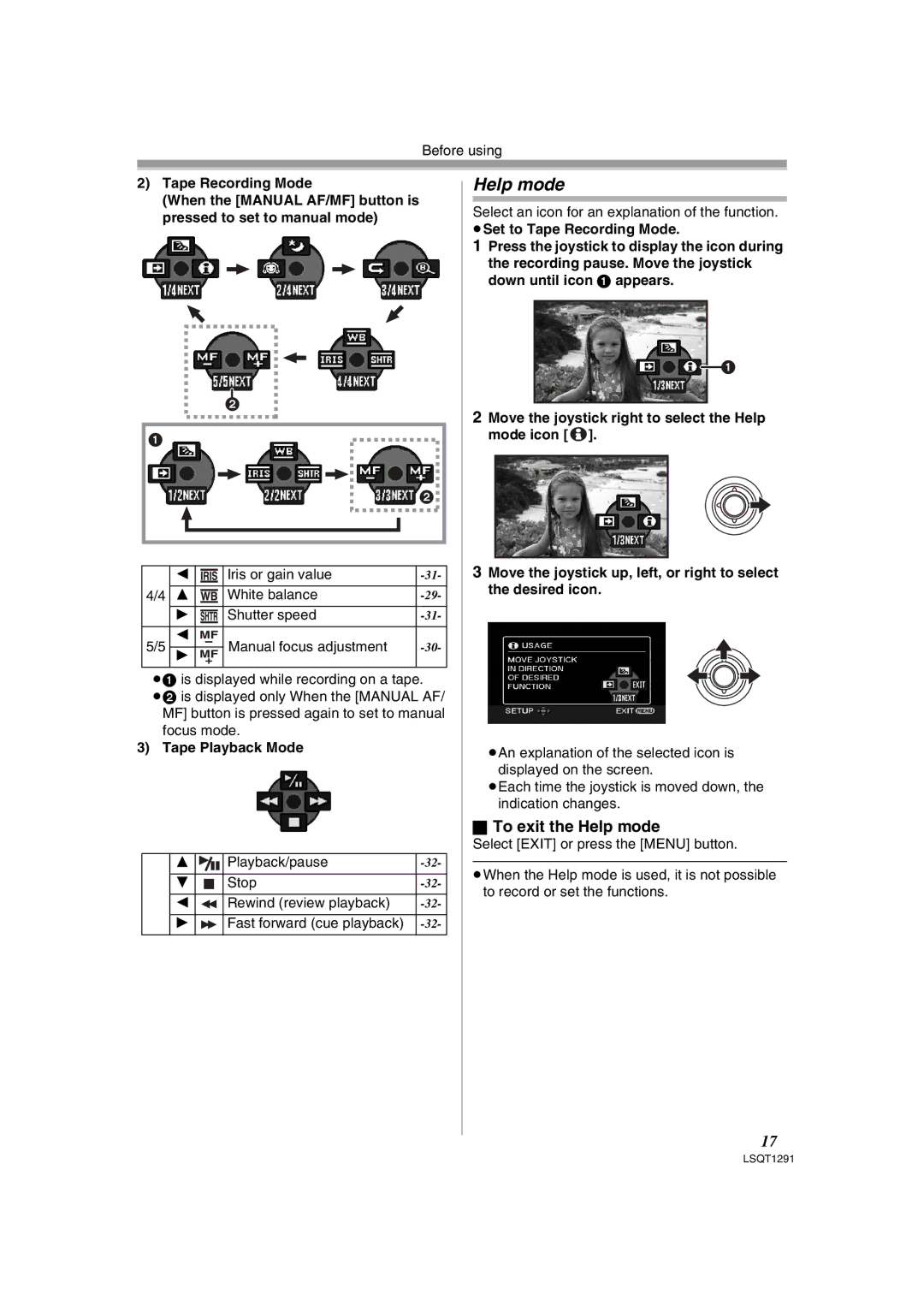 Panasonic NV-GS90 operating instructions To exit the Help mode, Tape Playback Mode 