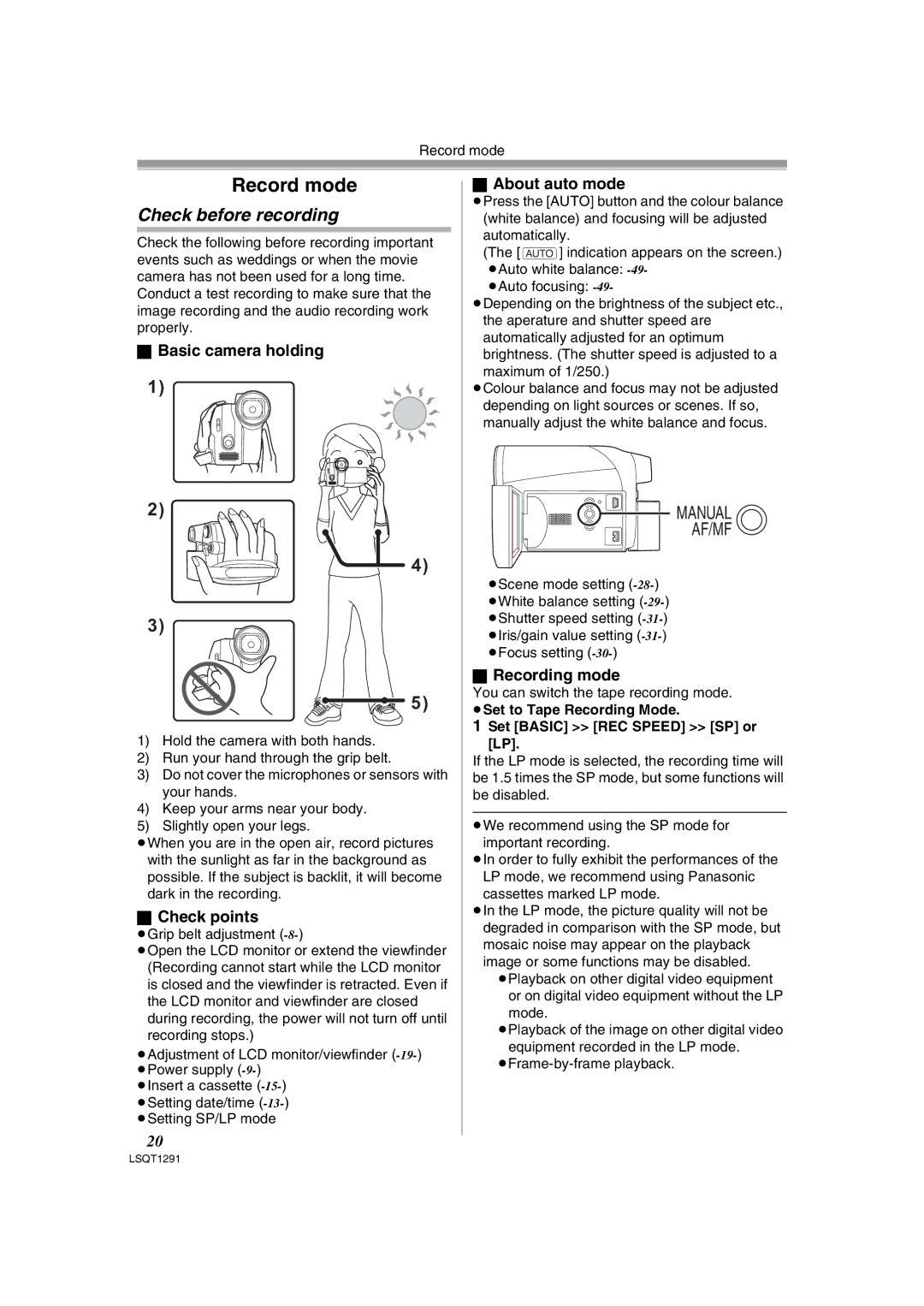 Panasonic NV-GS90 operating instructions Record mode, Check before recording 