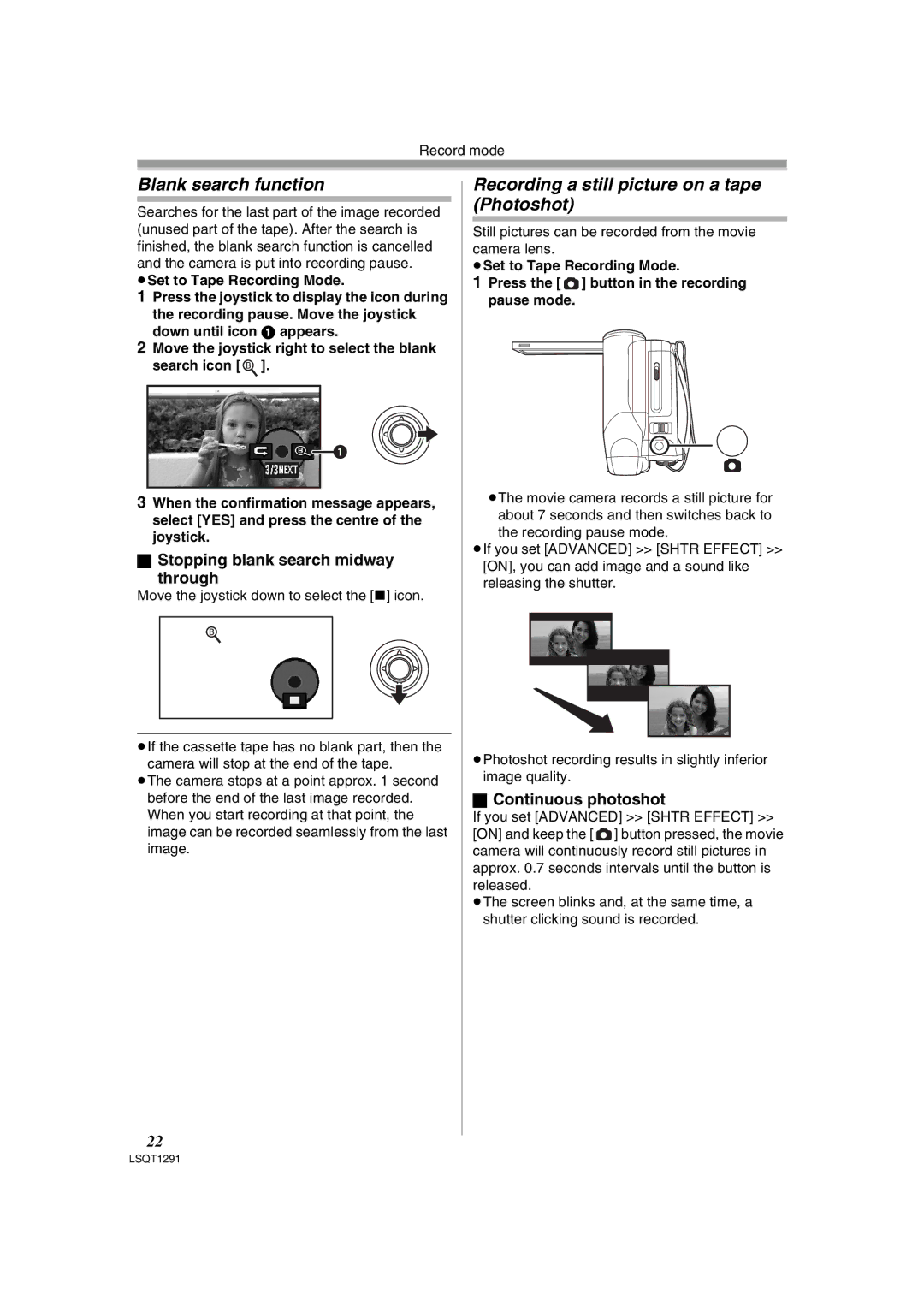 Panasonic NV-GS90 Blank search function, Recording a still picture on a tape Photoshot, Continuous photoshot 