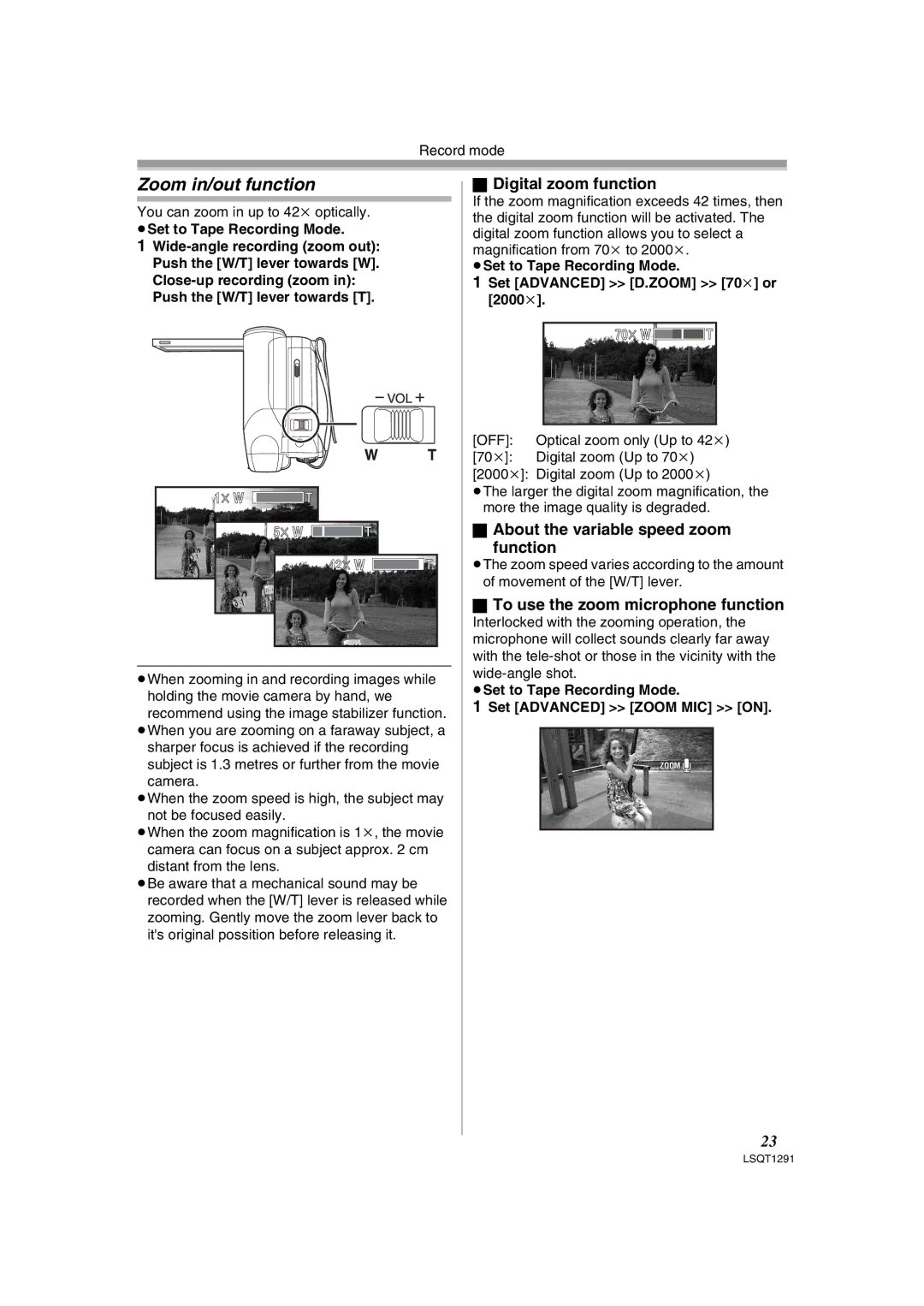 Panasonic NV-GS90 Zoom in/out function, Digital zoom function, About the variable speed zoom Function 