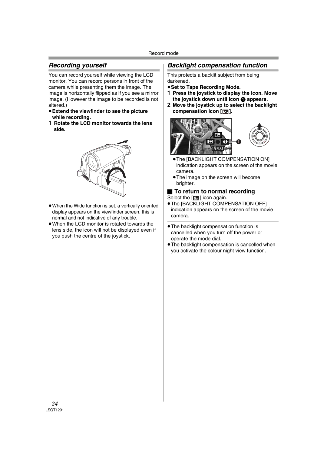 Panasonic NV-GS90 operating instructions Recording yourself, Backlight compensation function, To return to normal recording 