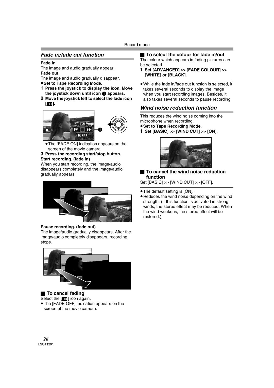 Panasonic NV-GS90 Fade in/fade out function, Wind noise reduction function, To select the colour for fade in/out 