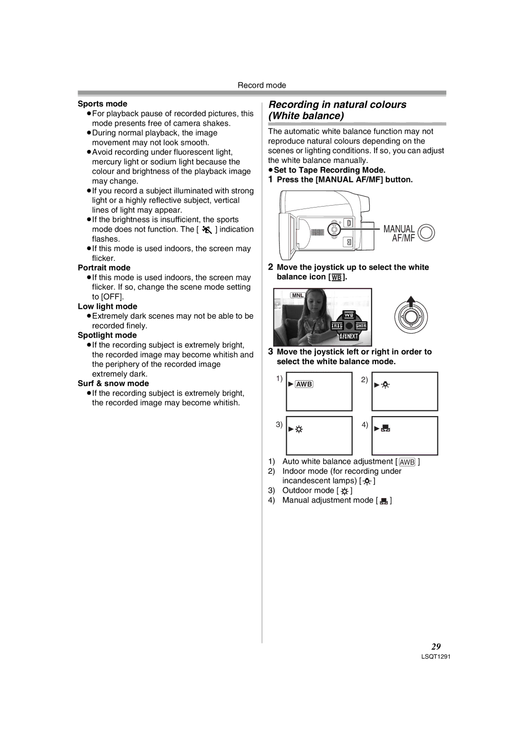 Panasonic NV-GS90 operating instructions Recording in natural colours White balance 