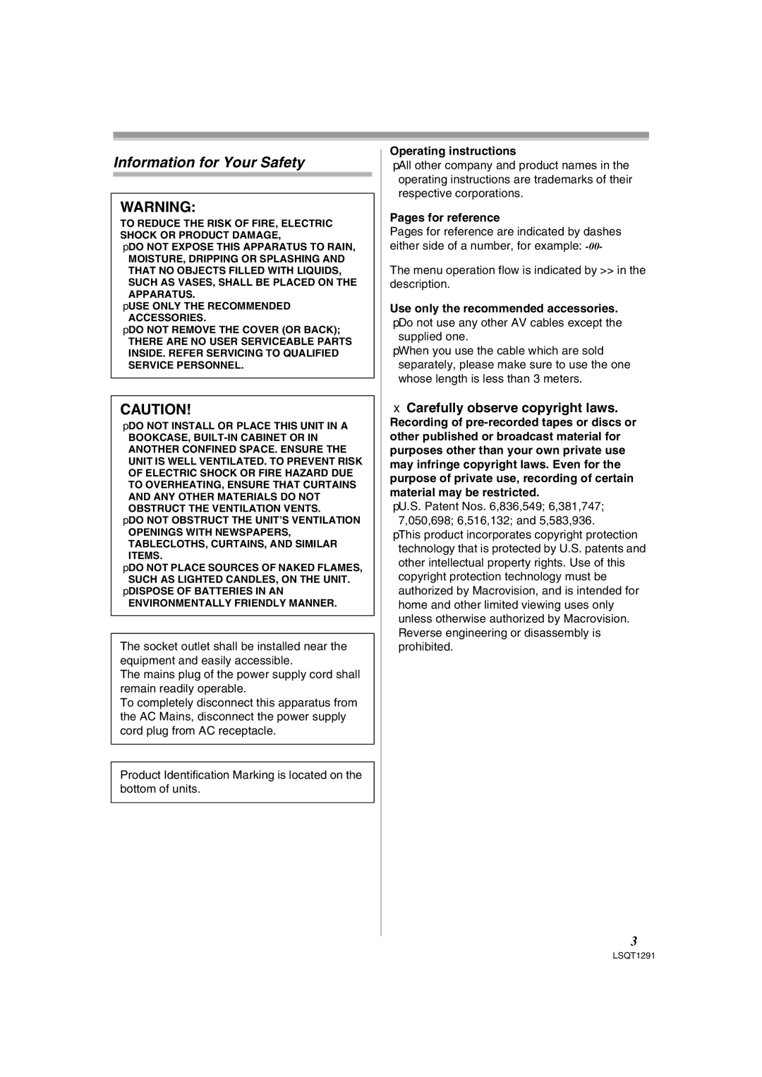 Panasonic NV-GS90 Information for Your Safety, Carefully observe copyright laws, Operating instructions 