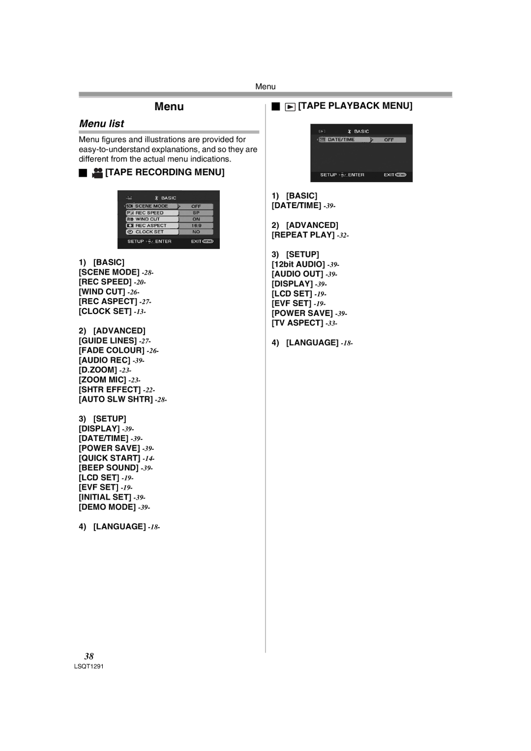 Panasonic NV-GS90 operating instructions Menu list, Tape Recording Menu, Tape Playback Menu 