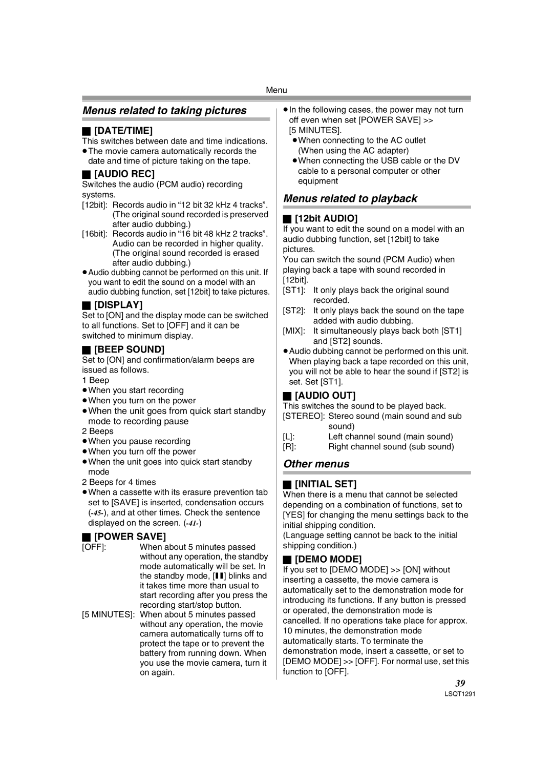 Panasonic NV-GS90 operating instructions Menus related to taking pictures, Menus related to playback, Other menus 