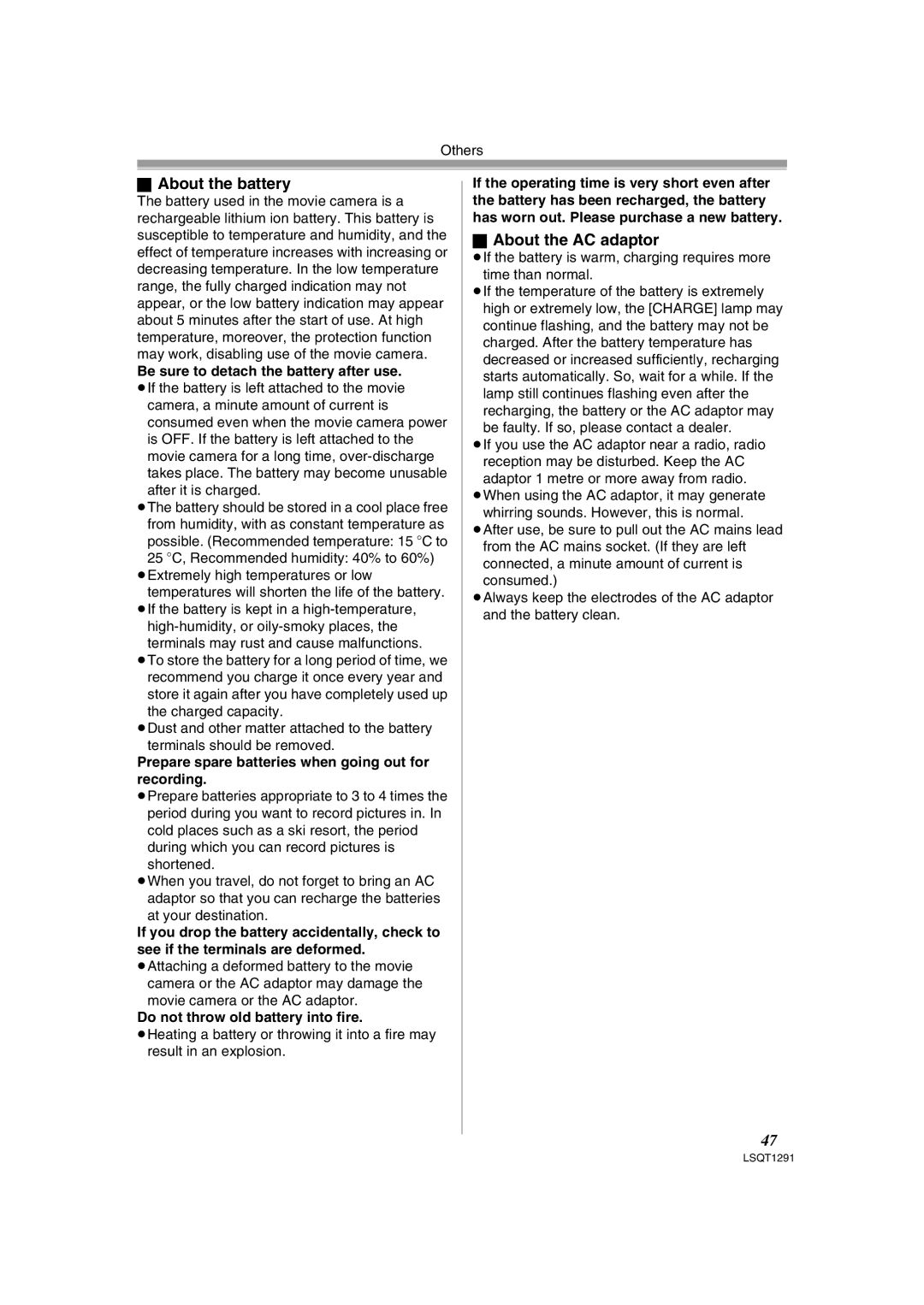 Panasonic NV-GS90 operating instructions About the battery, About the AC adaptor, Be sure to detach the battery after use 