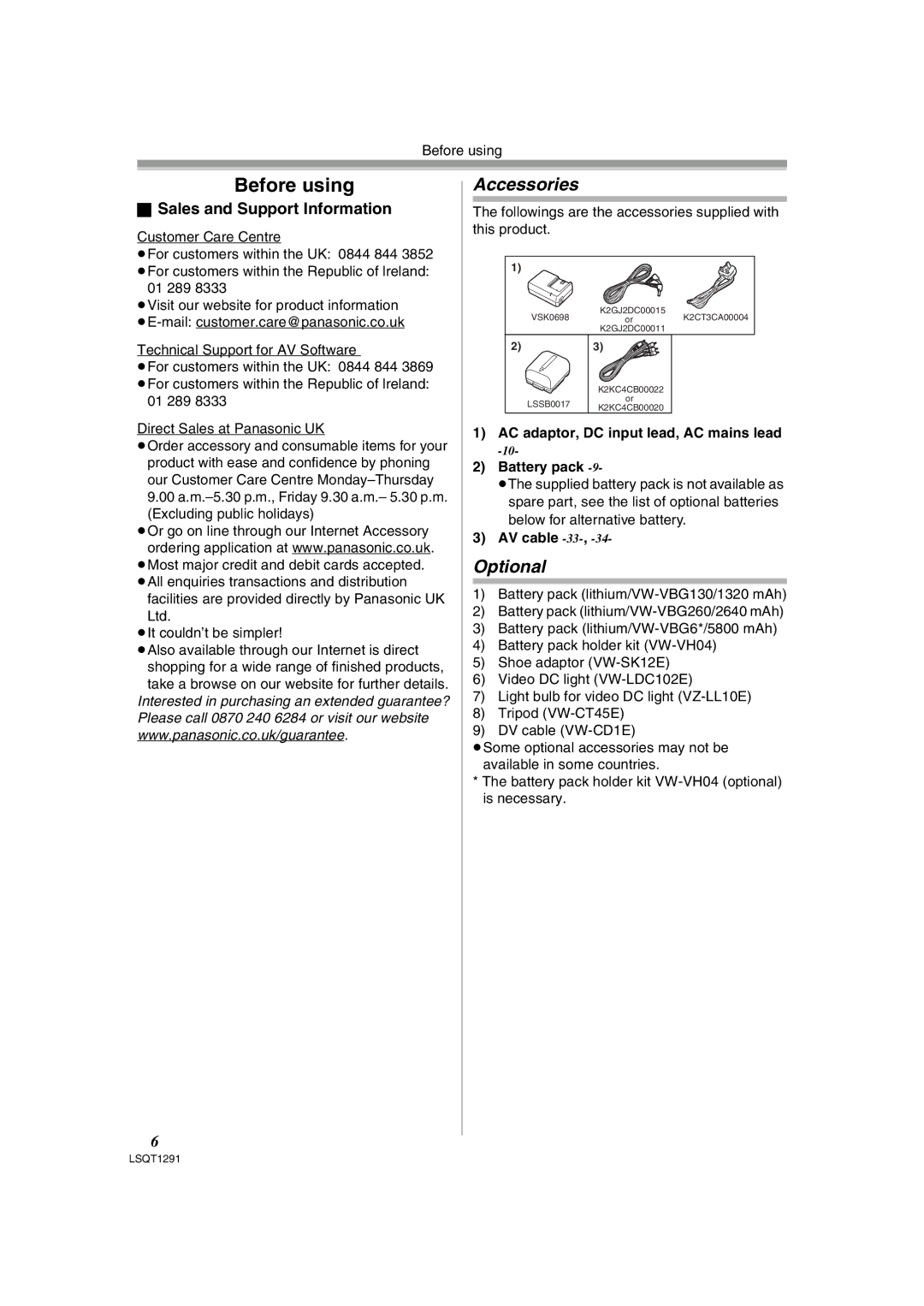 Panasonic NV-GS90 operating instructions Before using, Accessories, Optional, Sales and Support Information 