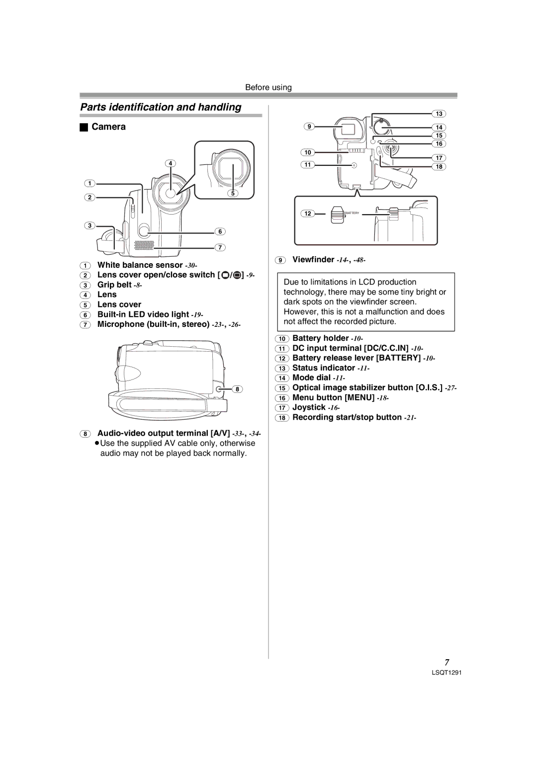 Panasonic NV-GS90 operating instructions Parts identification and handling, Camera, Viewfinder -14 