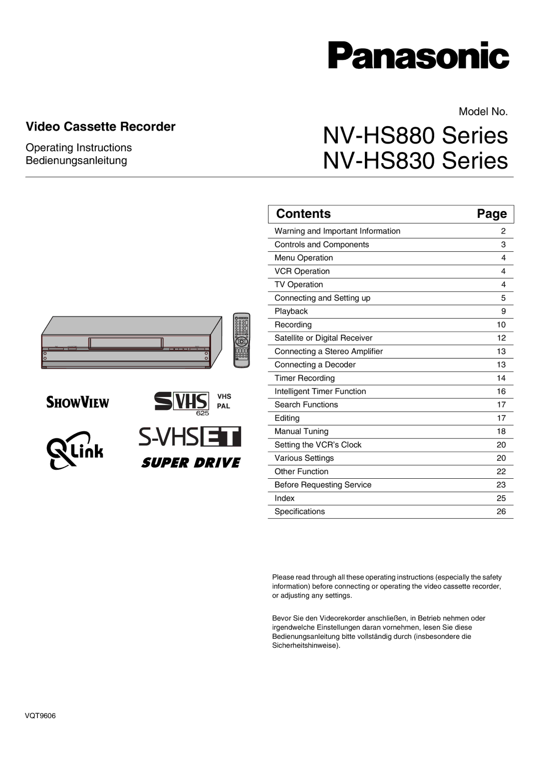 Panasonic NV-HS830, NV-HS880 operating instructions Video Cassette Recorder, Contents 