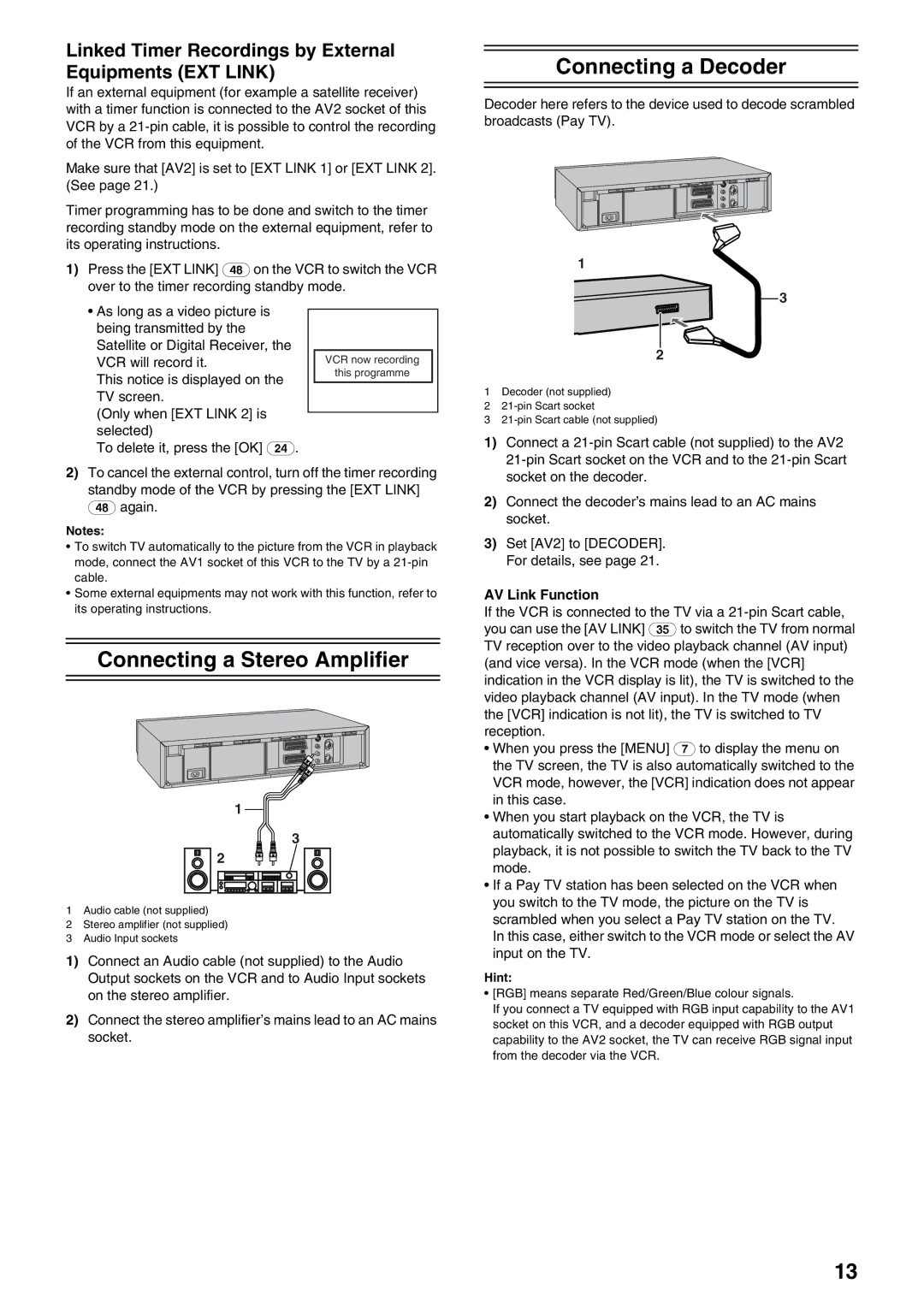 Panasonic NV-HS830, NV-HS880 operating instructions Connecting a Decoder, Connecting a Stereo Amplifier, AV Link Function 