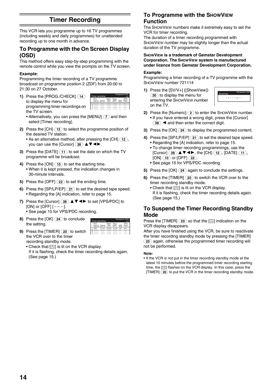 Panasonic NV-HS880 Timer Recording, To Programme with the On Screen Display OSD, To Programme with the Showview Function 