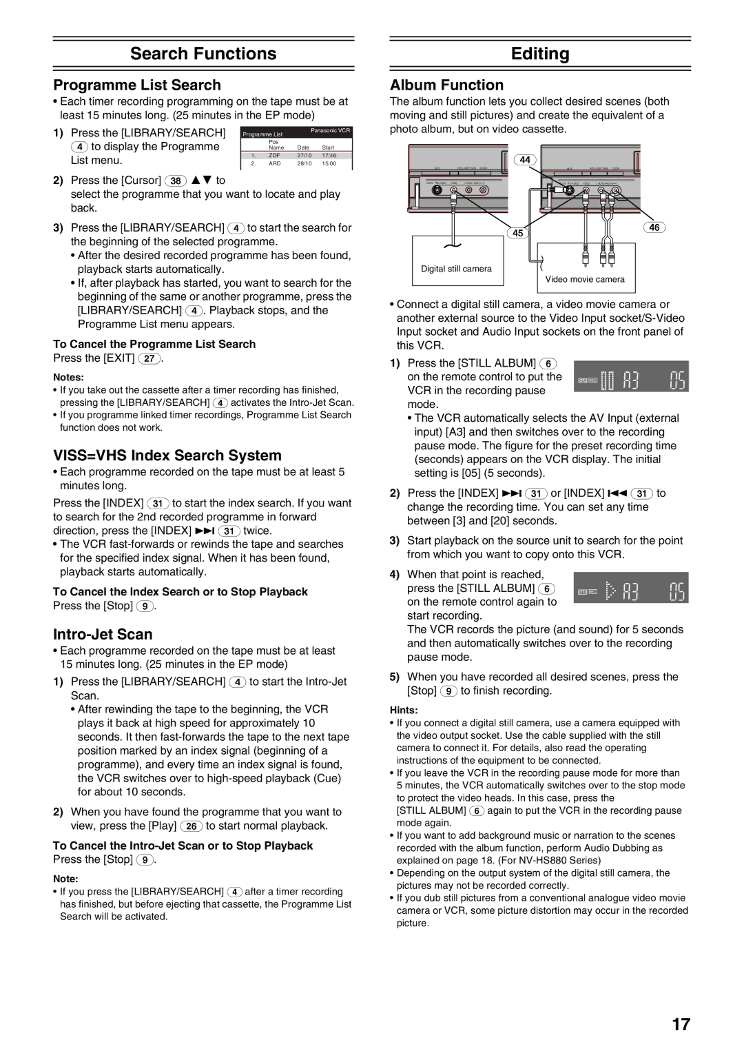 Panasonic NV-HS830, NV-HS880 operating instructions Search Functions, Editing 