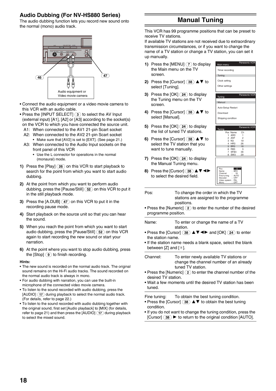 Panasonic NV-HS830 operating instructions Manual Tuning, Audio Dubbing For NV-HS880 Series 