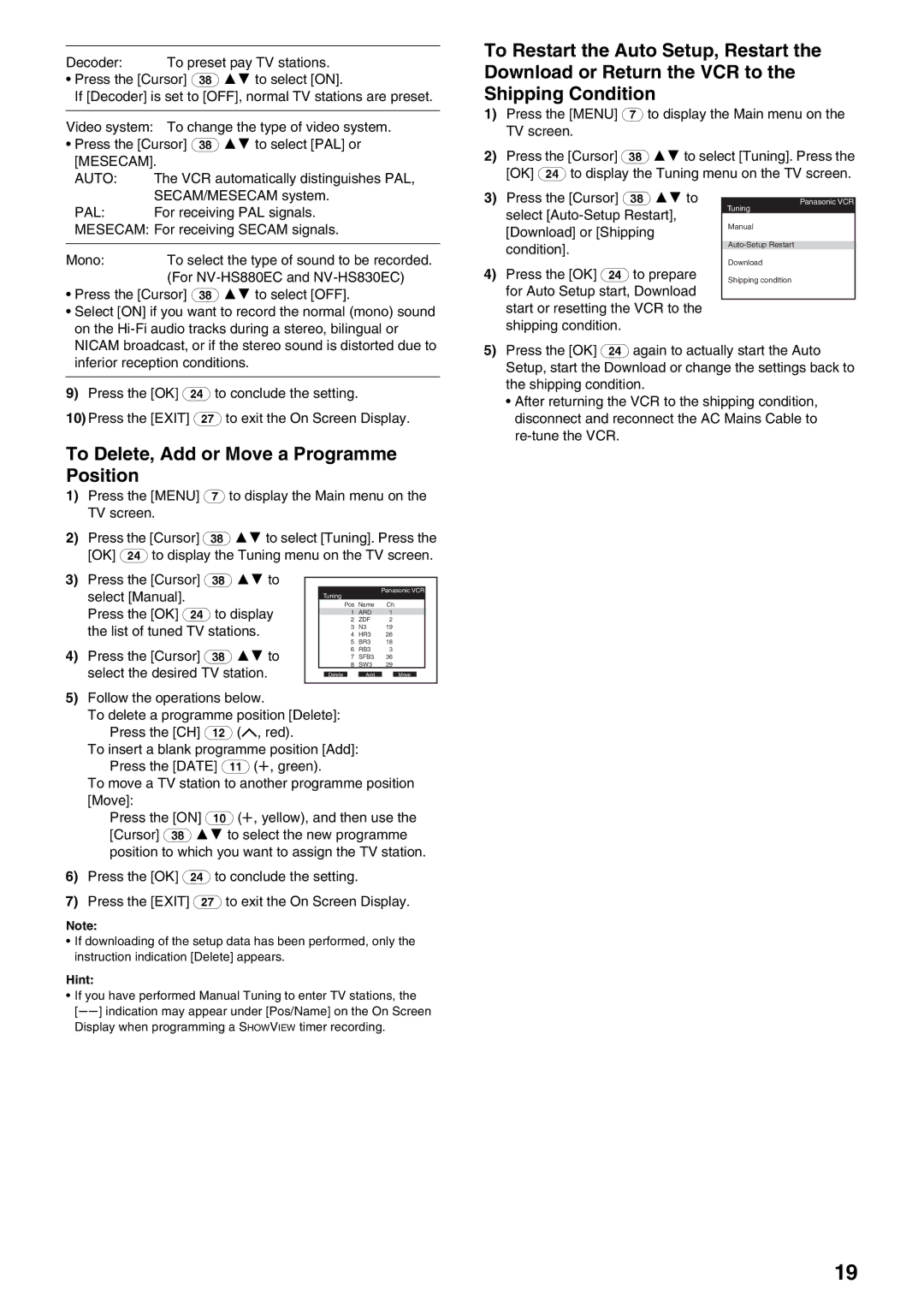 Panasonic NV-HS830, NV-HS880 operating instructions To Delete, Add or Move a Programme Position 