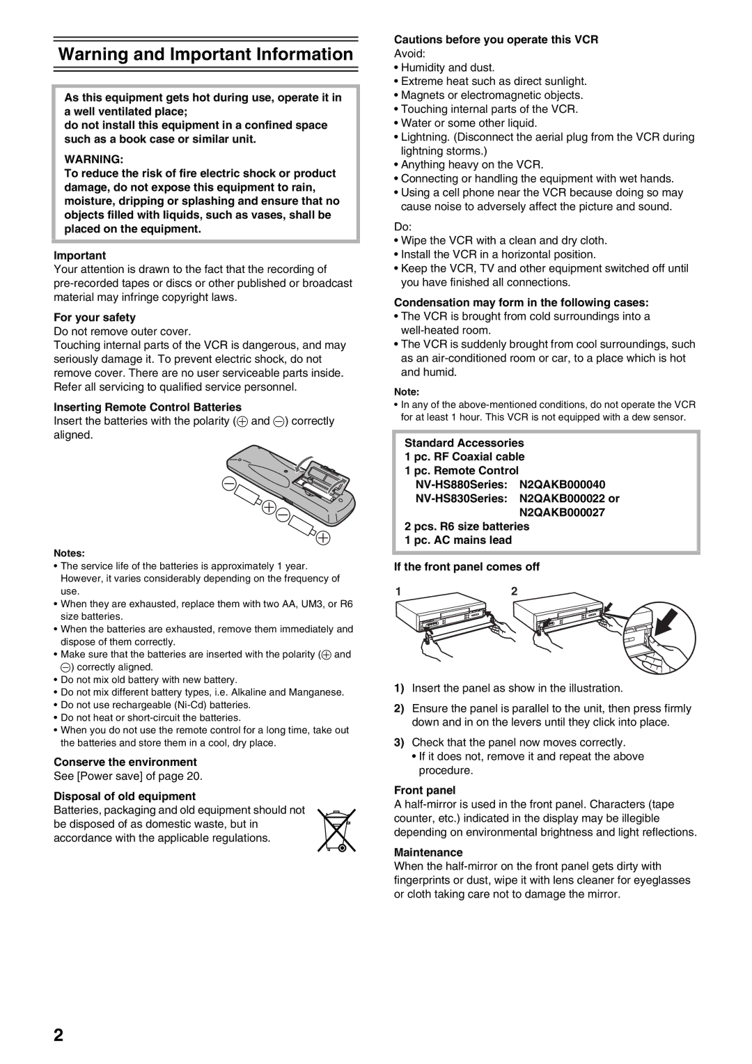 Panasonic NV-HS880 For your safety, Inserting Remote Control Batteries, Conserve the environment, Front panel, Maintenance 