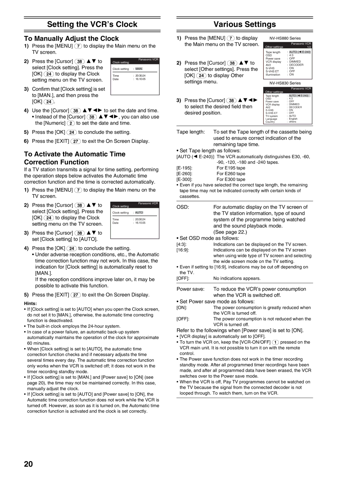 Panasonic NV-HS880, NV-HS830 operating instructions Setting the VCR’s Clock Various Settings, To Manually Adjust the Clock 