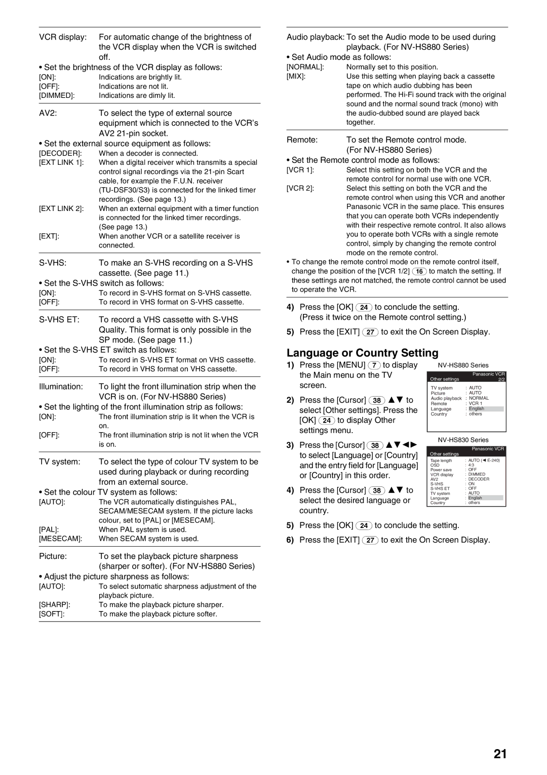 Panasonic NV-HS830, NV-HS880 operating instructions Language or Country Setting 