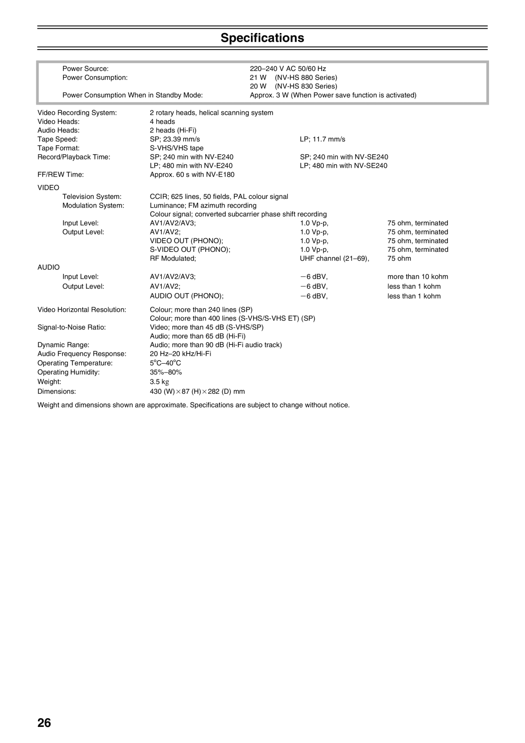 Panasonic NV-HS880, NV-HS830 operating instructions Specifications, Video 