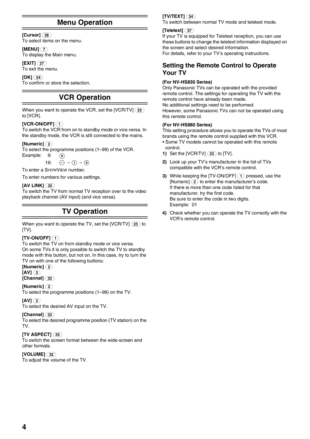 Panasonic NV-HS880, NV-HS830 Menu Operation, VCR Operation, TV Operation, Setting the Remote Control to Operate Your TV 