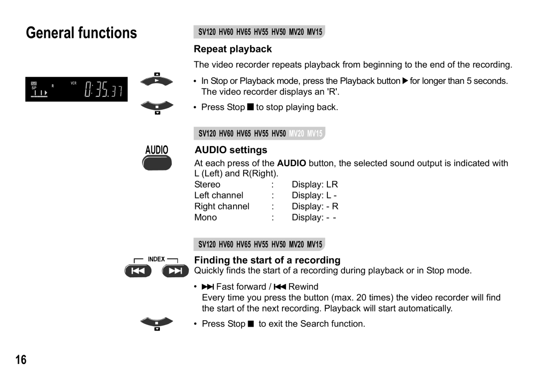 Panasonic NV-MV20 Series General functions, Repeat playback, Audio settings, Finding the start of a recording 