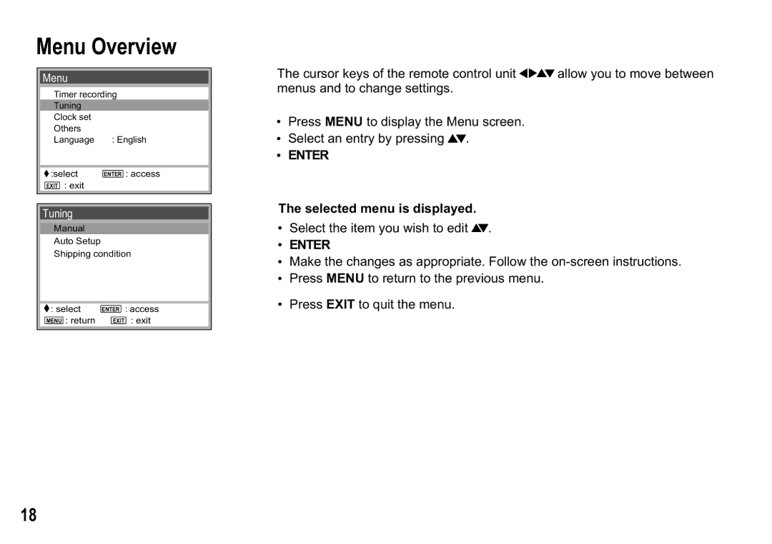 Panasonic NV-HV65 Series, NV-HV60 Series, NV-MV20 Series, NV-HV55 Series Menu Overview, Selected menu is displayed 