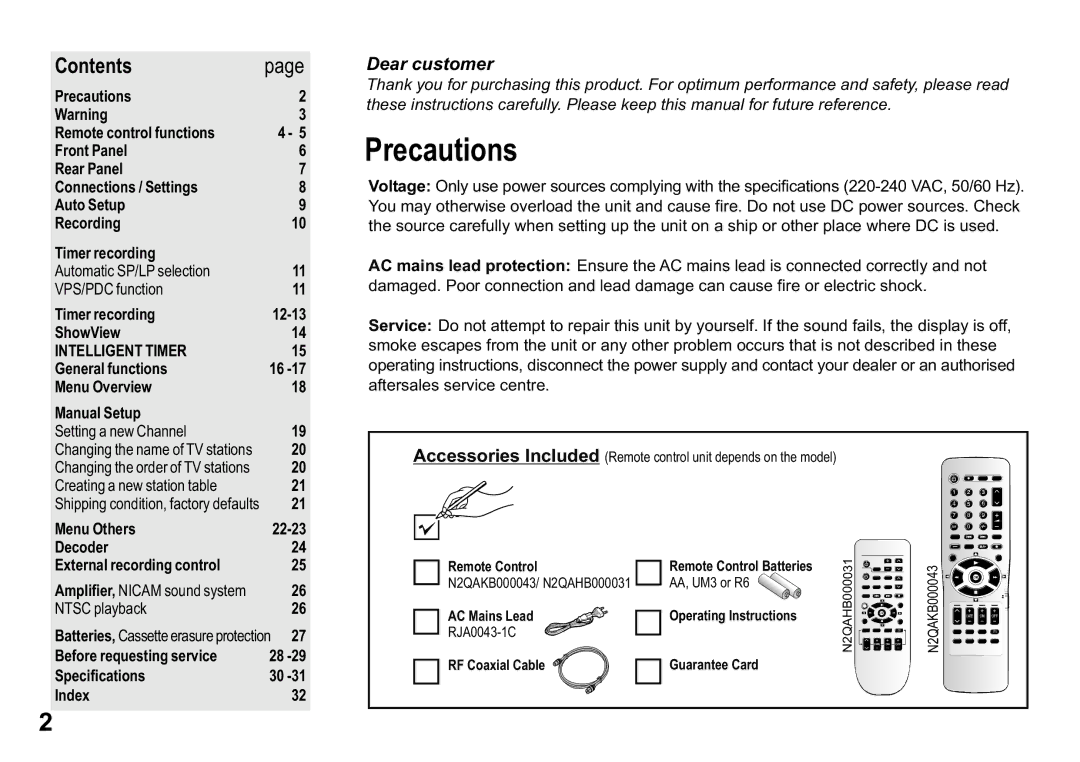 Panasonic NV-HV55 Series, NV-HV60 Series, NV-MV20 Series, NV-HV65 Series, NV-HV50 Series Precautions, Contentspage 