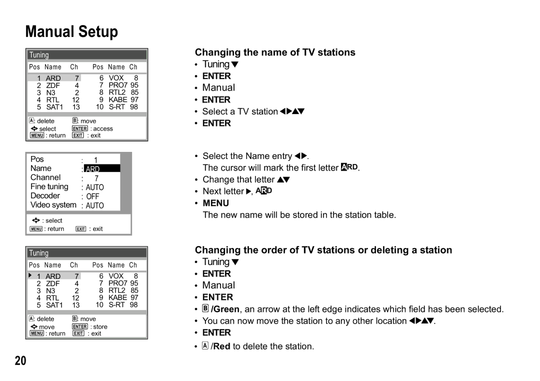 Panasonic NV-HV60 Series Changing the name of TV stations, Changing the order of TV stations or deleting a station, Menu 