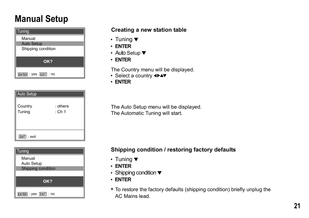 Panasonic NV-MV20 Series, NV-HV60 Series Creating a new station table, Shipping condition / restoring factory defaults 