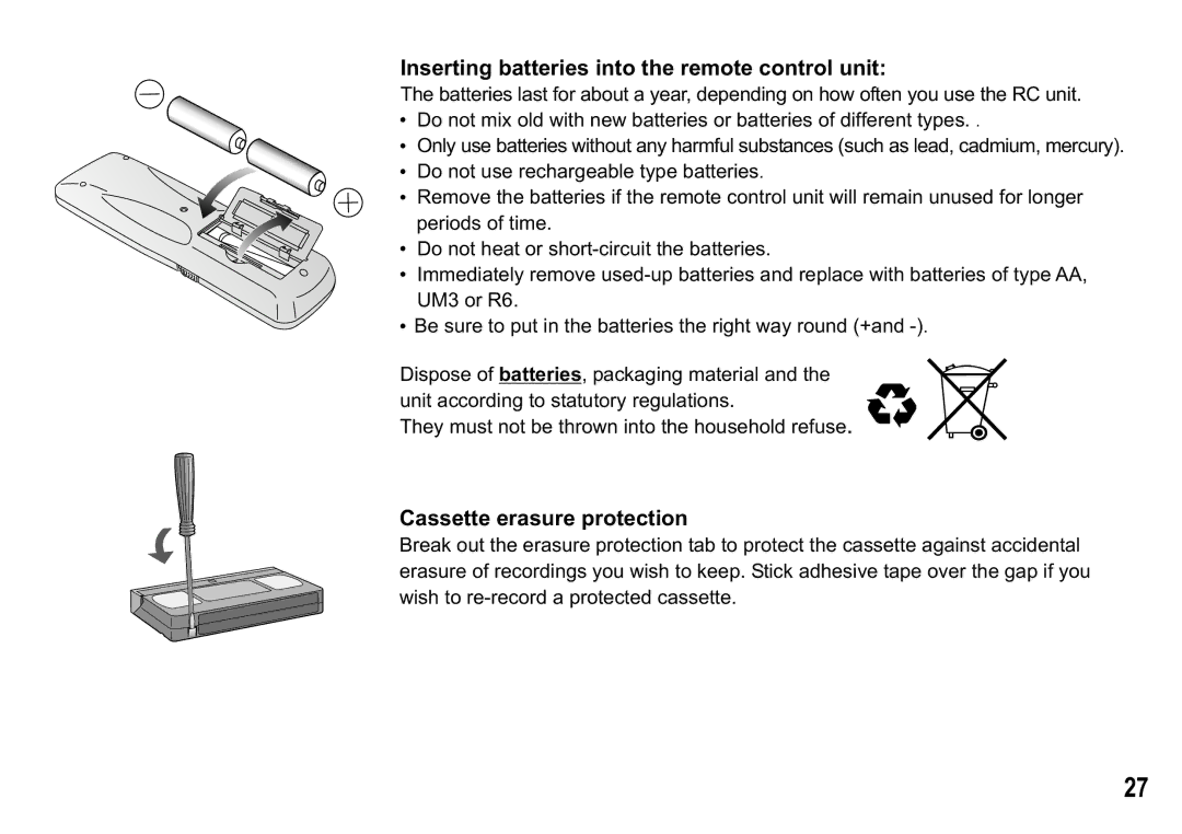 Panasonic NV-HV55 Series, NV-HV60 Series Inserting batteries into the remote control unit, Cassette erasure protection 