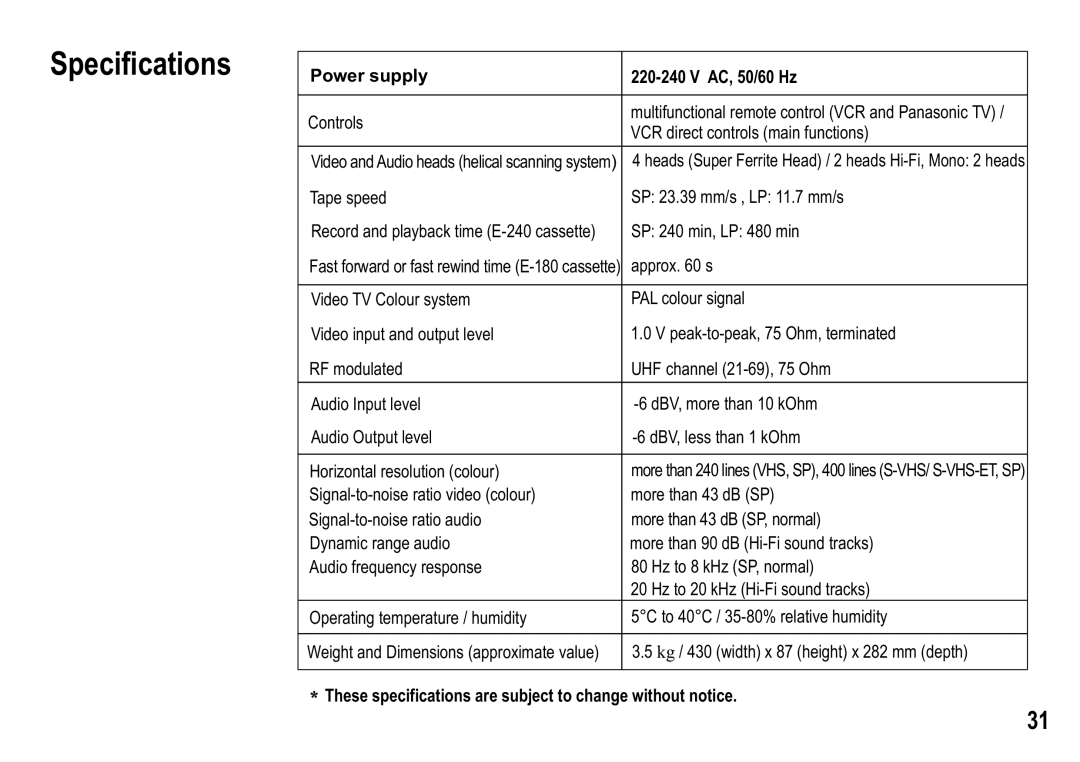 Panasonic NV-MV20 Series Power supply AC, 50/60 Hz, These specifications are subject to change without notice 