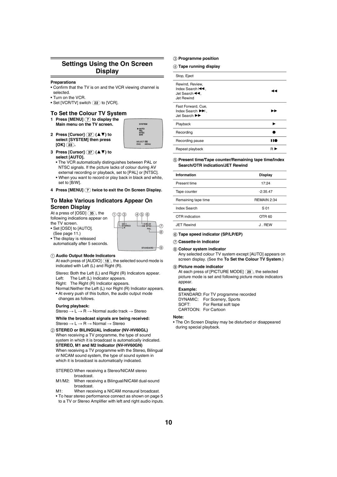 Panasonic NV-HV60 specifications Settings Using the On Screen Display, To Set the Colour TV System 