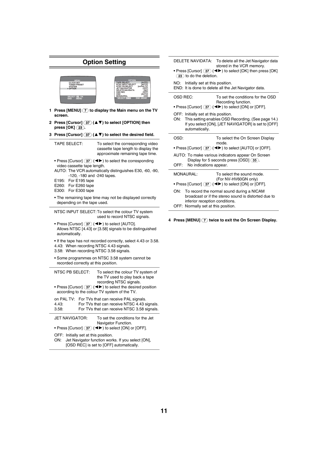 Panasonic NV-HV60 specifications Option Setting 